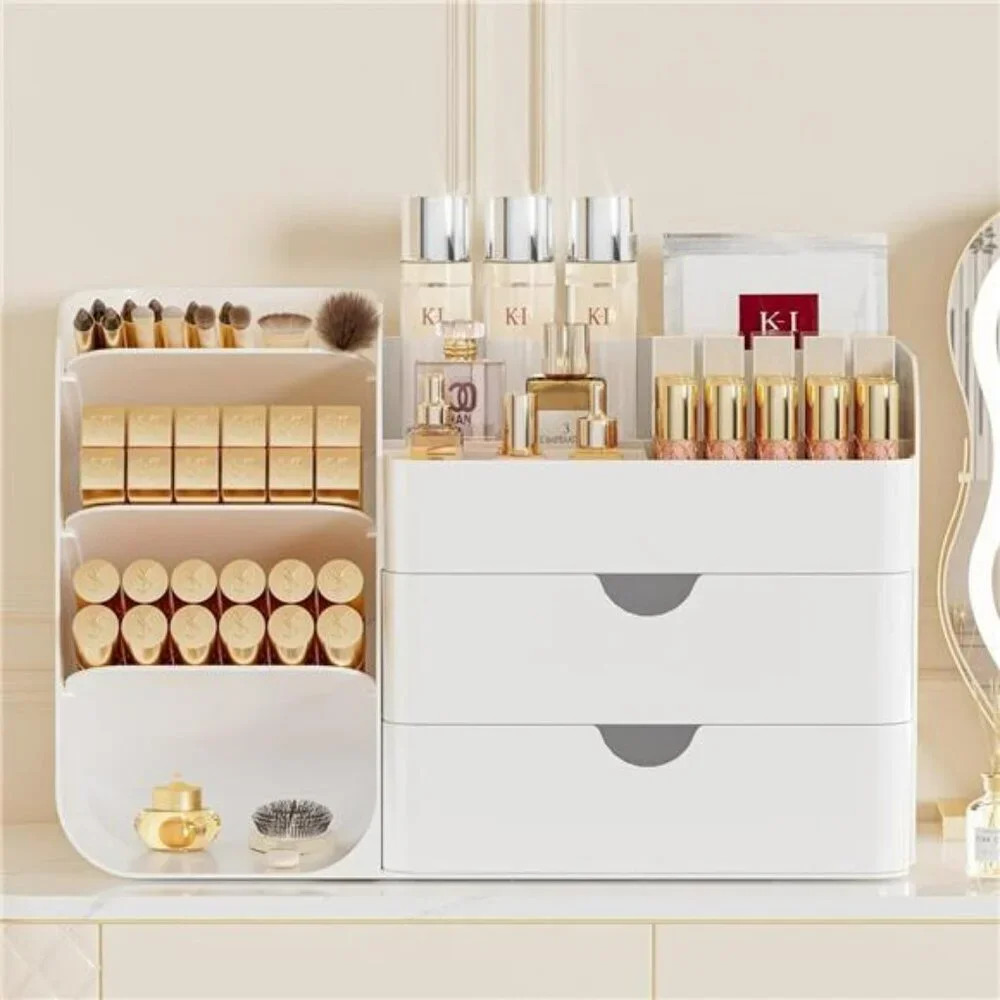 Large makeup organizer with drawers and brush holder vanity countertop storage